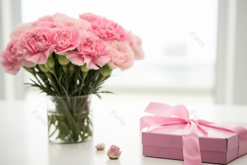 室内桌子上的粉色康乃馨与粉色礼盒,高清,摄影图,摄影图片,图片大全,摄影图免费下载